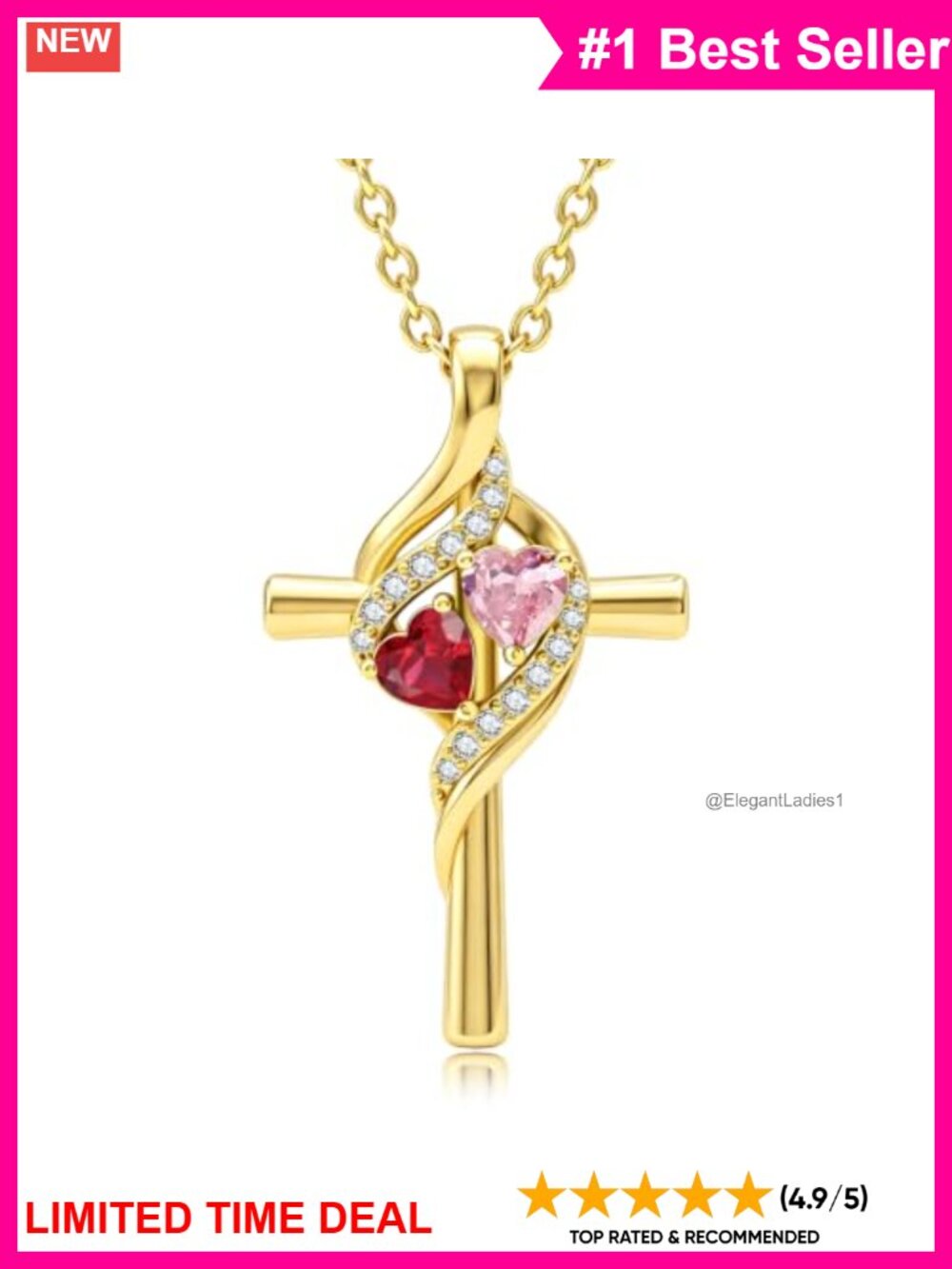 14K Gold Plated Cross Necklace with Double Birthstones